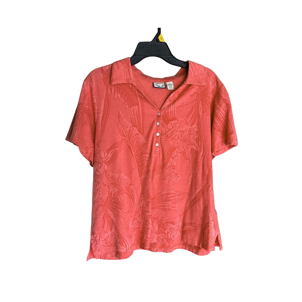Caribbean Joe Woman Coral Tropical Floral Jacquard Polo Shirt 1X Short Sleeve
